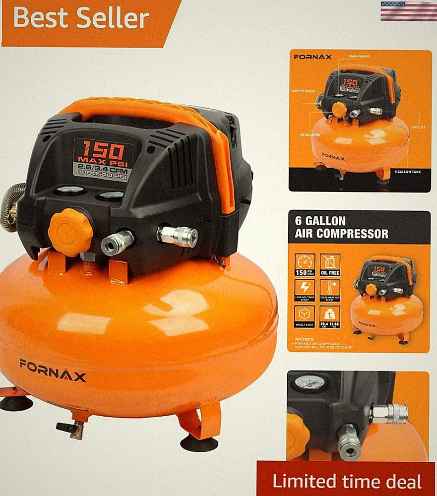 150 PSI Oil-Free 6 Gallon Air Compressor - Ideal for Home and Professional Use