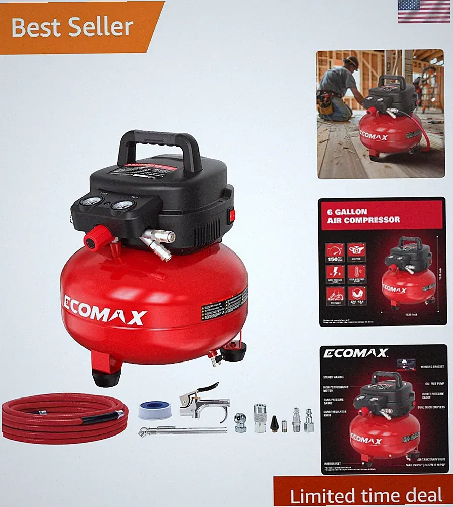 Portable 6 Gallon Air Compressor - 150 PSI, Oil-Free with 10 Accessories Kit
